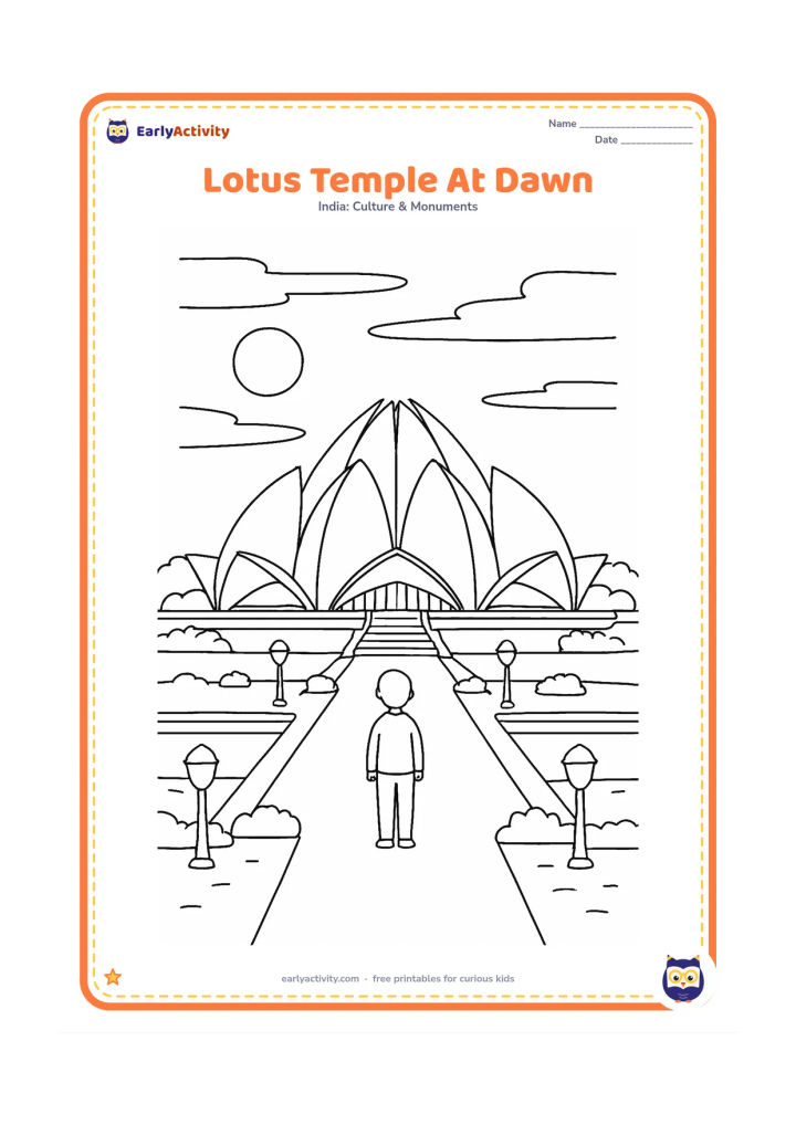 Colouring page: Draw a front view of the Lotus Temple at dawn with a pale sun, long clouds, calm pools, garden lamps without text, and one visitor standing quietly near the path. Emphasize the…