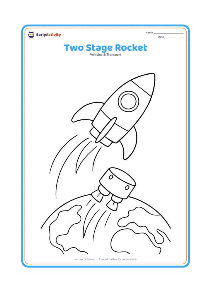 Colouring page: Draw a rocket in flight with its lower empty stage separating safely below while the upper stage continues upward, with curved motion trails and Earth far beneath.