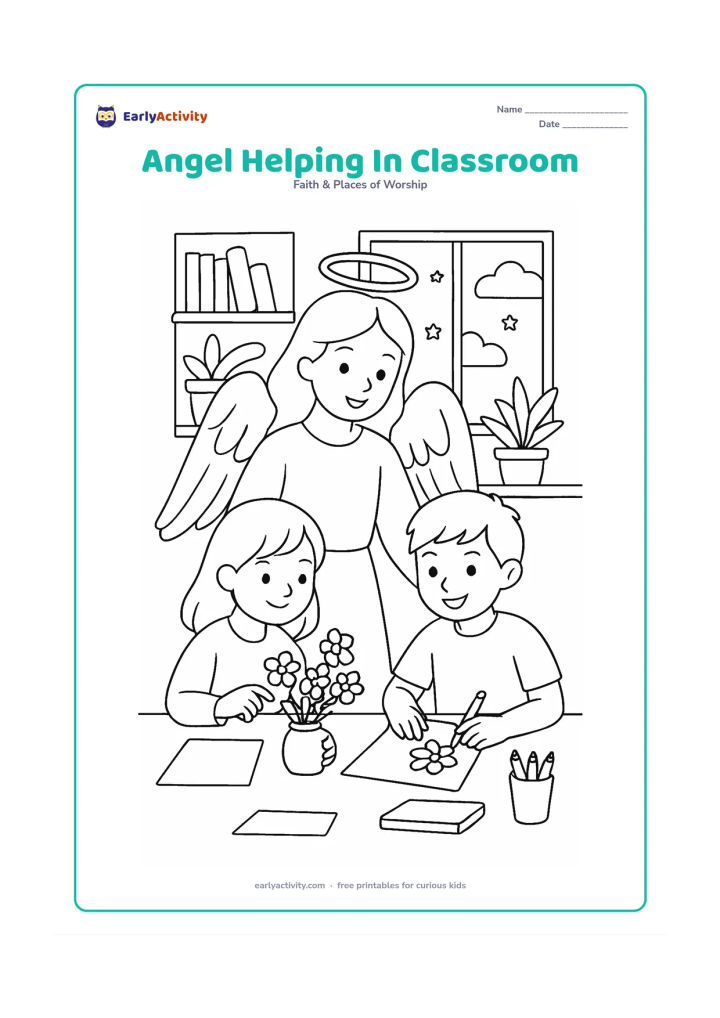 Colouring page: A friendly angel assists two children arranging flowers and art supplies on a classroom table, with shelves, potted plants, clouds and stars visible through a window. Keep all papers and…