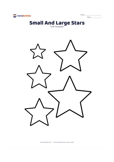 Worksheet: Arrange five blank five-point star outlines in clearly different sizes from very small to very large, spaced across the page for sorting from smallest to largest. Keep the shapes plain…