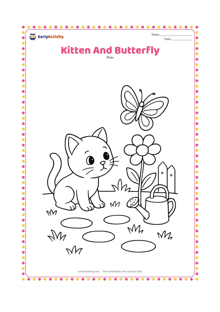 Colouring page: A kitten crouches in a garden watching a butterfly above a flowering plant. Add stepping stones, grass tufts, a small fence and a watering can.