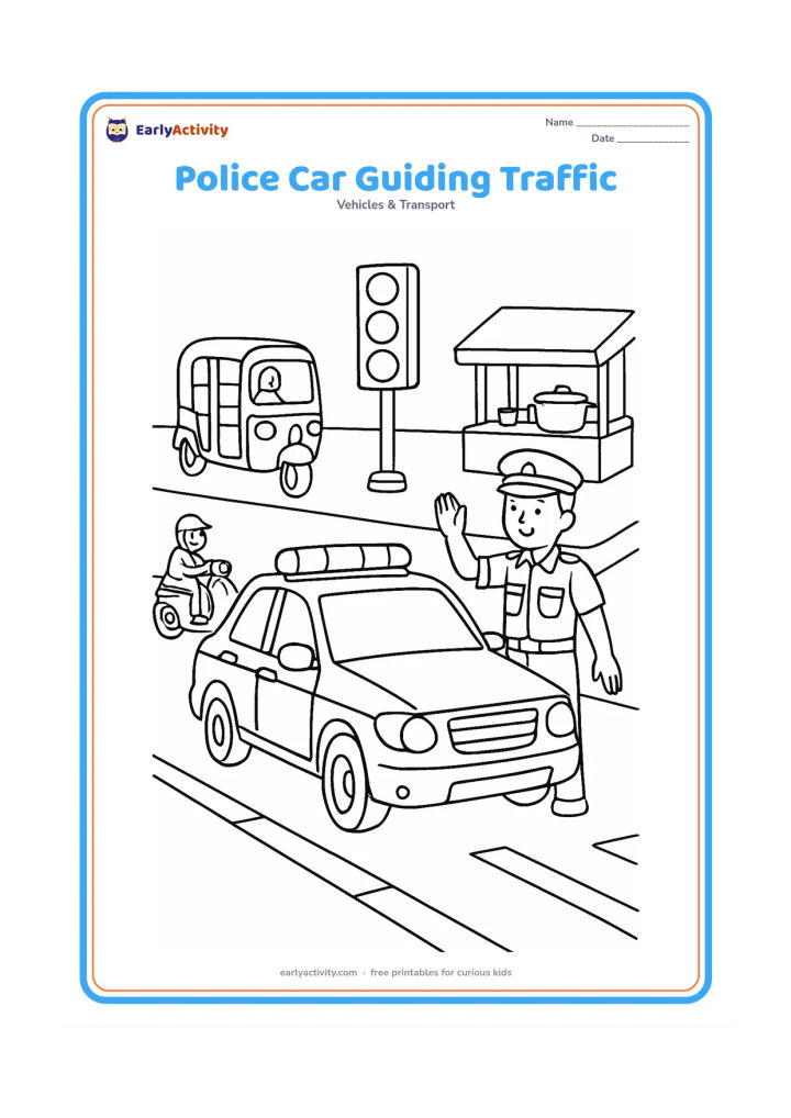 Colouring page: Draw a police car stopped at a busy Indian junction while a uniformed officer beside it holds one arm up to guide traffic. Include an auto-rickshaw, scooter, a traffic signal with plain…