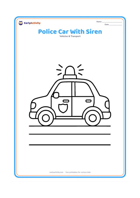 Colouring page: Draw a side-view police car with a prominent roof siren light and two small sound-wave shapes around it, parked beside a road. Include mirrors, door handles, wheel hubs and a plain…