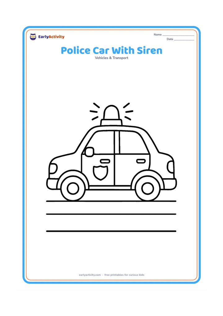 Colouring page: Draw a side-view police car with a prominent roof siren light and two small sound-wave shapes around it, parked beside a road. Include mirrors, door handles, wheel hubs and a plain…