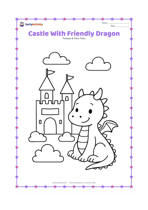 Colouring page: Draw a smiling, small dragon sitting peacefully beside a simple castle with two towers, a gate, and a blank banner. Add a few rounded bushes and an open sky.