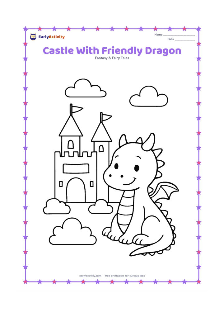 Colouring page: Draw a smiling, small dragon sitting peacefully beside a simple castle with two towers, a gate, and a blank banner. Add a few rounded bushes and an open sky.
