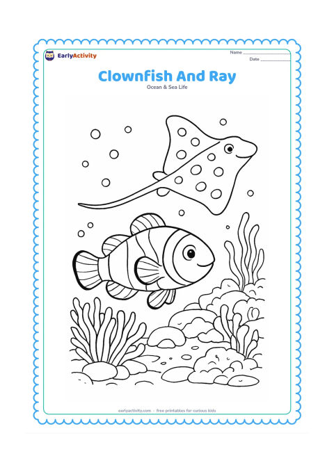 Colouring page: Show a clownfish near its anemone while a gentle spotted ray glides in the background over a reef of coral, rocks, seaweed, and bubbles. Use depth by placing the ray farther away and the…