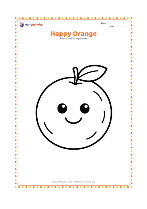 Colouring page: A large round orange with a small leaf and a friendly face made only from eyes and a smile, with a few simple curved peel marks.