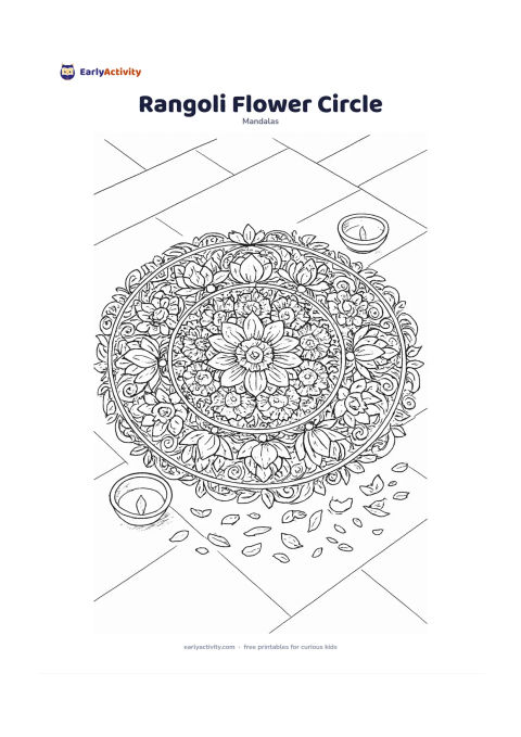 Colouring page: Draw a large circular floral rangoli made only from petals, leaves, concentric flower rings and curved decorative shapes, with lotus, marigold and rose forms repeating around the centre.…