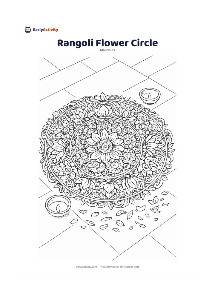 Colouring page: Draw a large circular floral rangoli made only from petals, leaves, concentric flower rings and curved decorative shapes, with lotus, marigold and rose forms repeating around the centre.…