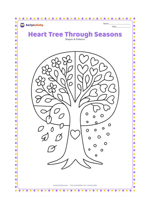 Colouring page: Draw one large tree divided into four seasonal sections, with heart-shaped leaves, blossoms, falling leaves, and snow-like shapes around a central heart in the trunk.
