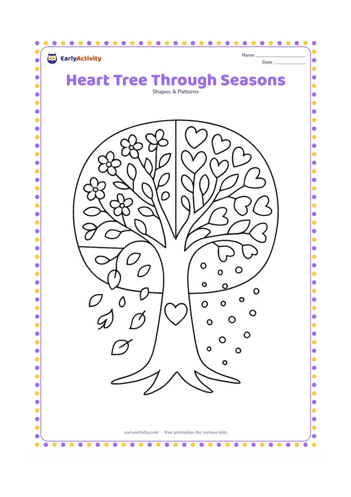 Colouring page: Draw one large tree divided into four seasonal sections, with heart-shaped leaves, blossoms, falling leaves, and snow-like shapes around a central heart in the trunk.