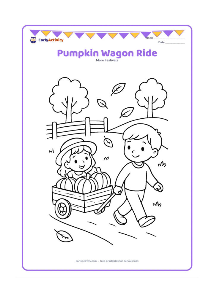 Colouring page: A child rides in a small farm wagon loaded with pumpkins while another child walks beside it. Show a path, fence posts, trees and several falling leaves.