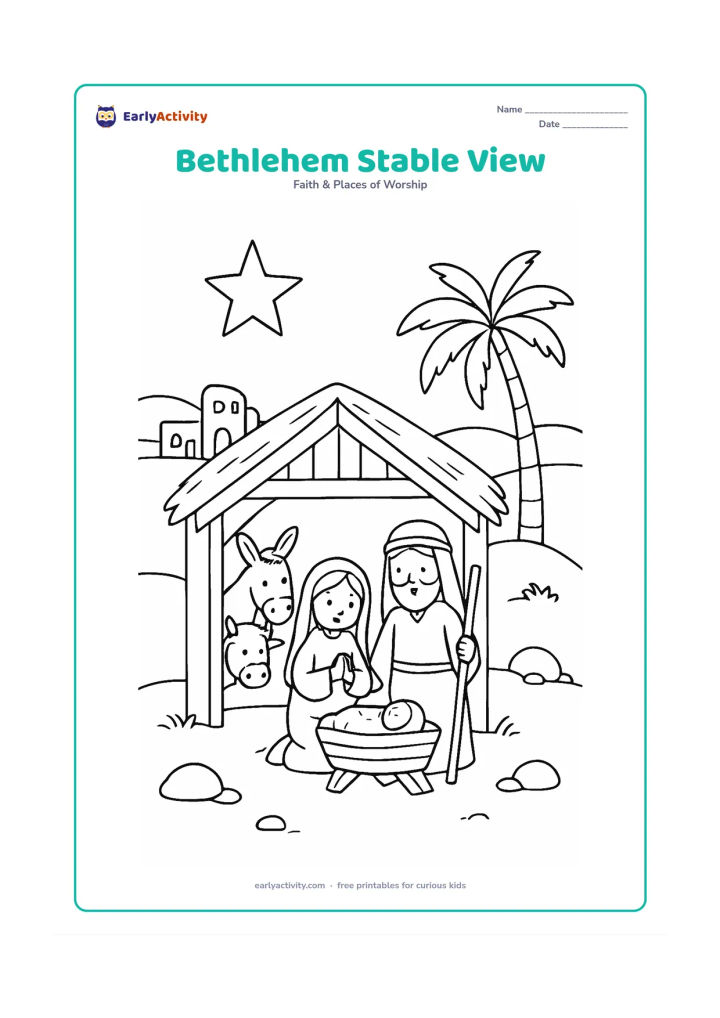 Colouring page: Show the stable from outside on a gentle Bethlehem hillside, with Mary and Joseph beside the manger and animals peeking from the doorway. Add a few distant homes, rocks and a palm tree.