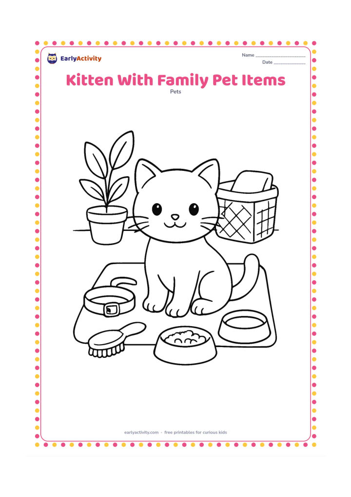 Colouring page: A seated kitten is surrounded by a collar, brush, food bowl, water bowl and soft toy arranged neatly on a mat. Place a small houseplant and storage basket behind it.