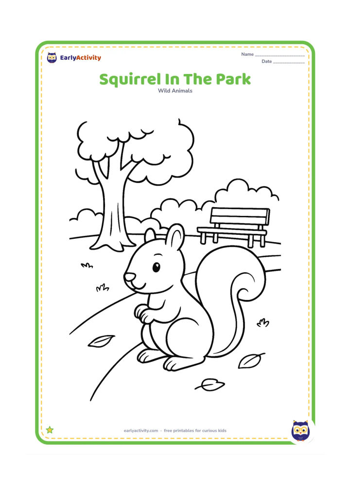 Colouring page: Draw a squirrel sitting on a park path beside a large tree, with a simple bench, shrubs, and a few fallen leaves in the distance.