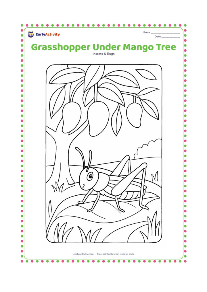 Colouring page: Draw a grasshopper on a low leaf beneath a mango tree, with a few hanging mangoes, broad leaves, grass, and a simple garden path in the background.