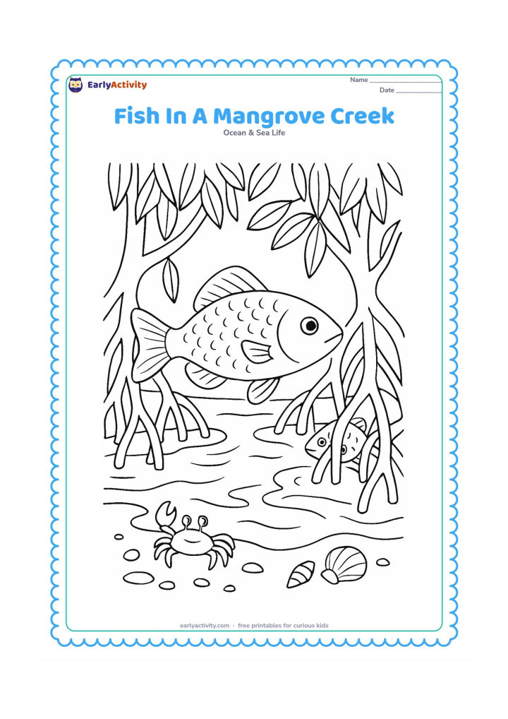 Colouring page: Draw a fish swimming through a mangrove creek with twisting exposed roots, muddy banks, hanging leaves, a small crab, shells and ripples at the water surface. Add a second fish partly…