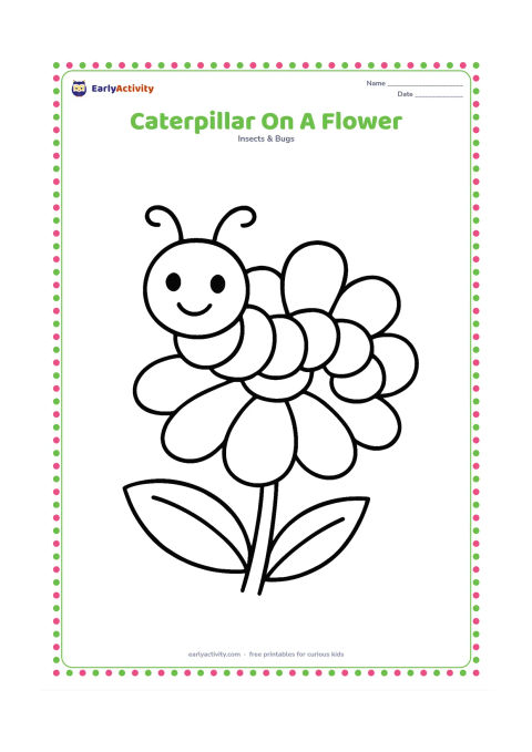 Colouring page: Draw a large caterpillar crawling across the wide petals of a simple flower, with its head raised and antennae curved upward. Add one broad leaf and a short stem beneath it.