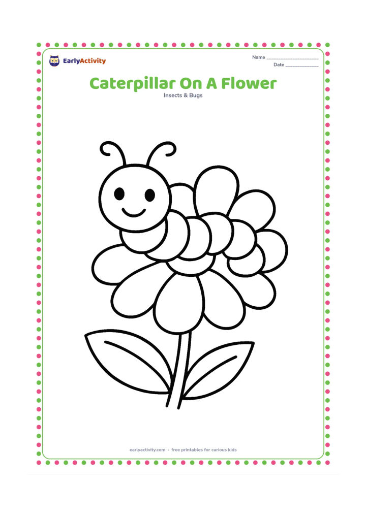 Colouring page: Draw a large caterpillar crawling across the wide petals of a simple flower, with its head raised and antennae curved upward. Add one broad leaf and a short stem beneath it.