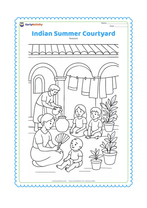 Colouring page: A family spends a hot afternoon in a traditional courtyard: one person fans a baby, another fills a clay water pot, and children sit in shade near potted plants and drying cotton clothes.