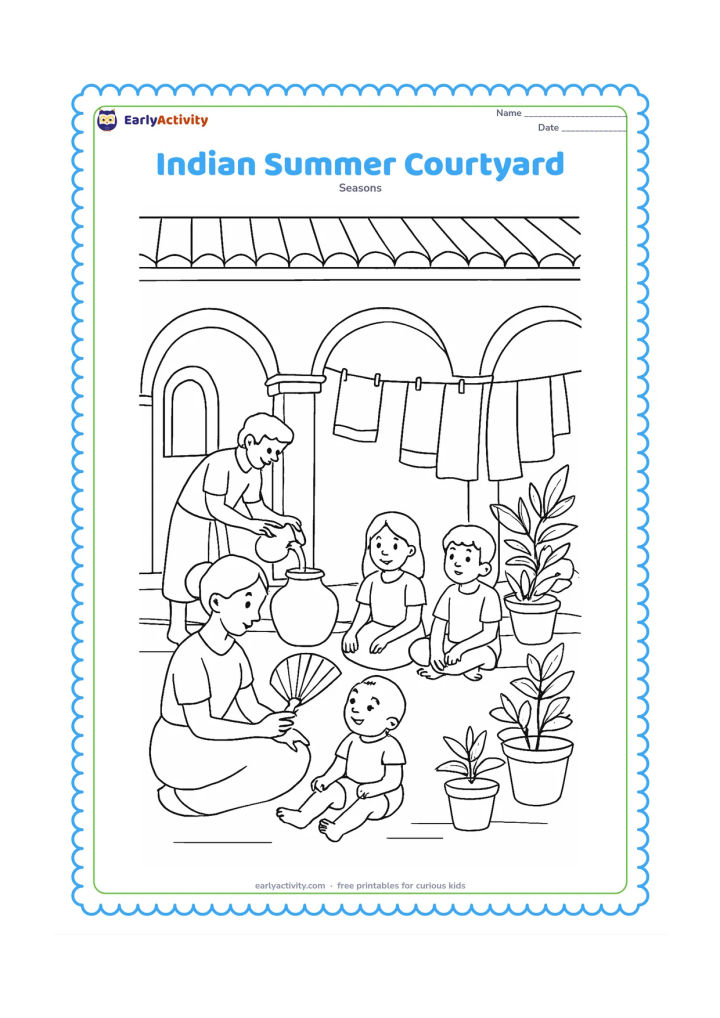 Colouring page: A family spends a hot afternoon in a traditional courtyard: one person fans a baby, another fills a clay water pot, and children sit in shade near potted plants and drying cotton clothes.