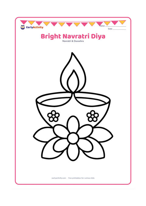 Colouring page: Draw one large lit diya with a tall flame, simple flower motifs, and a few large petals around it. Keep the background open and leave all surfaces blank without lettering or numbers.