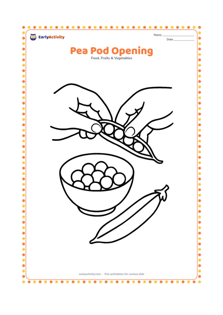 Colouring page: Show two hands opening a pea pod over a small bowl, with several round peas in the bowl and one closed pod nearby. Keep the hands simple and anonymous.