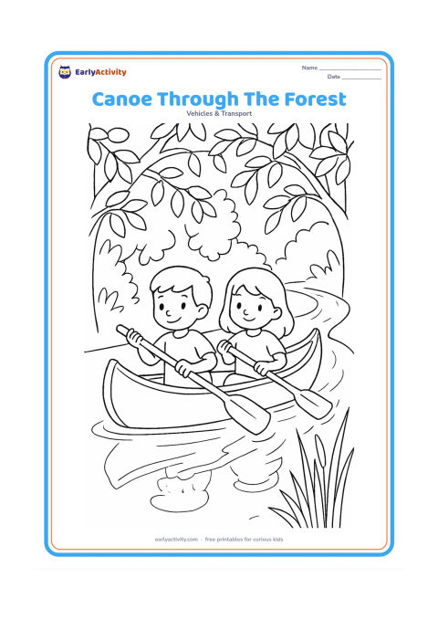 Colouring page: Draw two friends paddling a canoe along a winding river through a leafy forest. Include overhanging branches, reeds near the bank, and reflections below the boat.