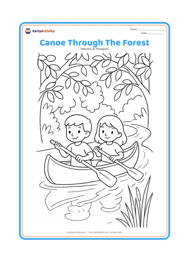 Colouring page: Draw two friends paddling a canoe along a winding river through a leafy forest. Include overhanging branches, reeds near the bank, and reflections below the boat.