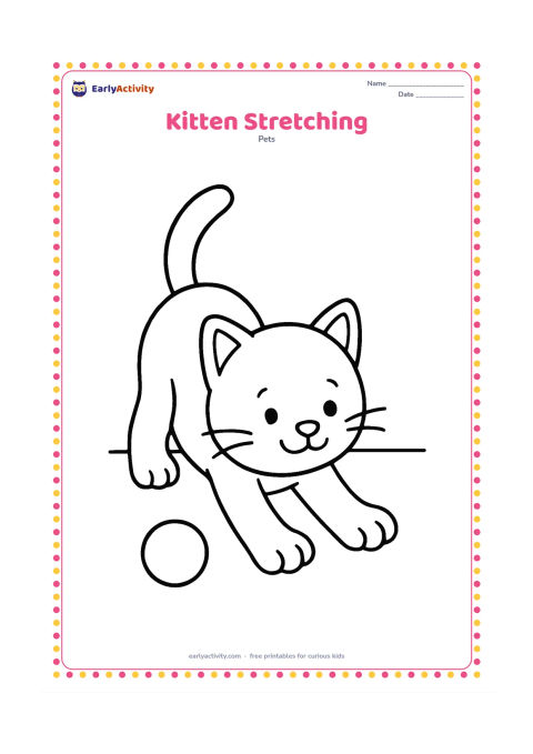 Colouring page: A kitten stretches forward with its front paws extended and tail raised. Place it on a clear floor with one round toy nearby and plenty of empty space.