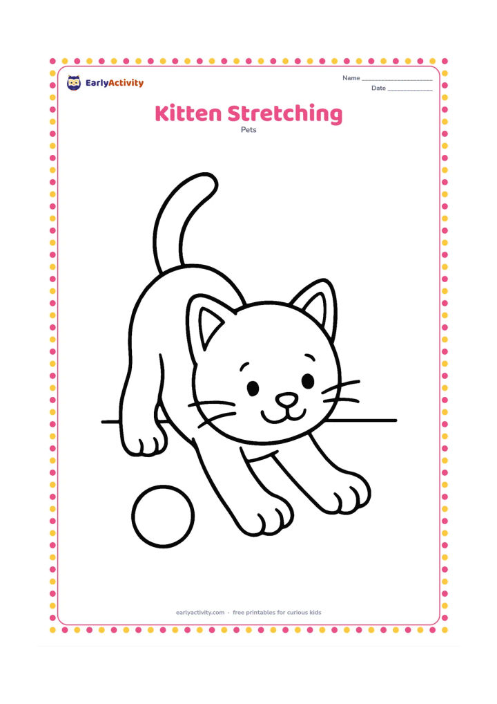 Colouring page: A kitten stretches forward with its front paws extended and tail raised. Place it on a clear floor with one round toy nearby and plenty of empty space.
