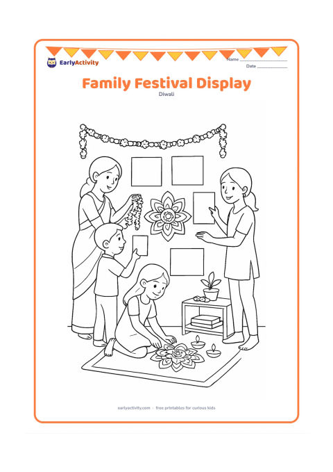 Colouring page: Draw children and an adult arranging finished rangoli artwork, flower garlands, diyas, and coloured drawings on a home display wall near a reading corner. Include a floor mat, low shelf,…