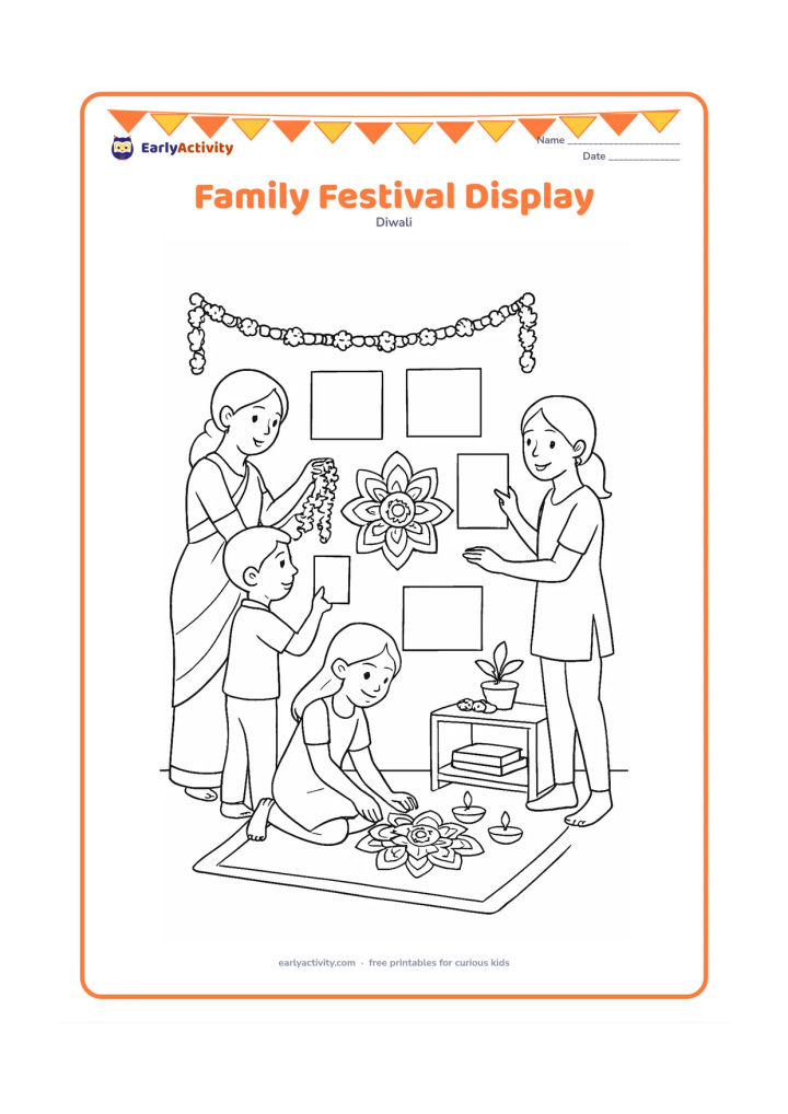 Colouring page: Draw children and an adult arranging finished rangoli artwork, flower garlands, diyas, and coloured drawings on a home display wall near a reading corner. Include a floor mat, low shelf,…