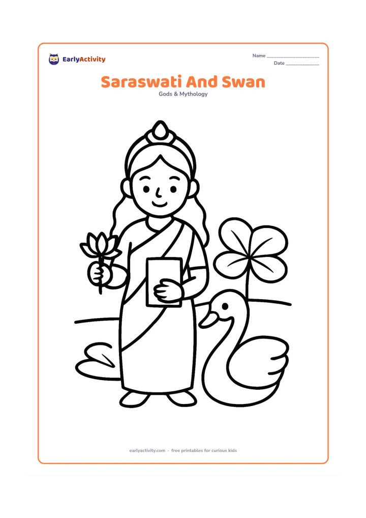 Colouring page: Saraswati stands beside a friendly swan, holding a closed blank book in one hand and a small lotus in the other. Add two broad lotus leaves and a simple pond edge in the background.