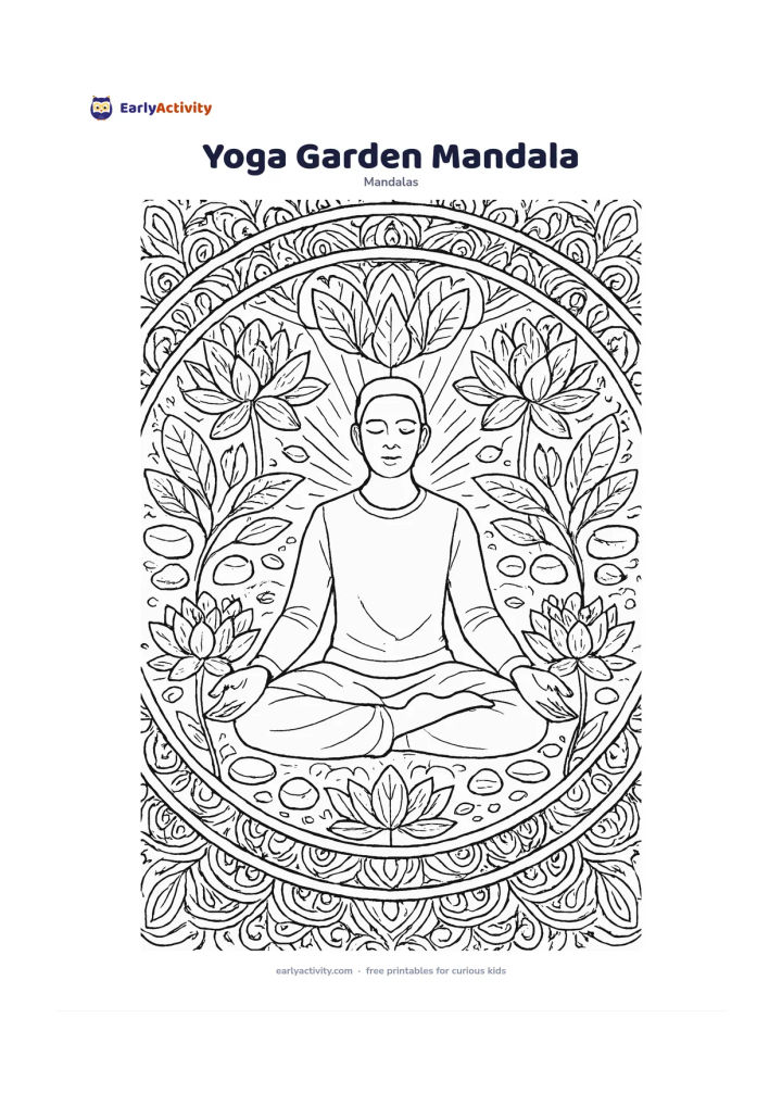 Colouring page: Show a person seated in a simple cross-legged meditation pose at the centre of a circular garden mandala, surrounded by lotus flowers, leaves, smooth stones, gentle rays, and balanced…
