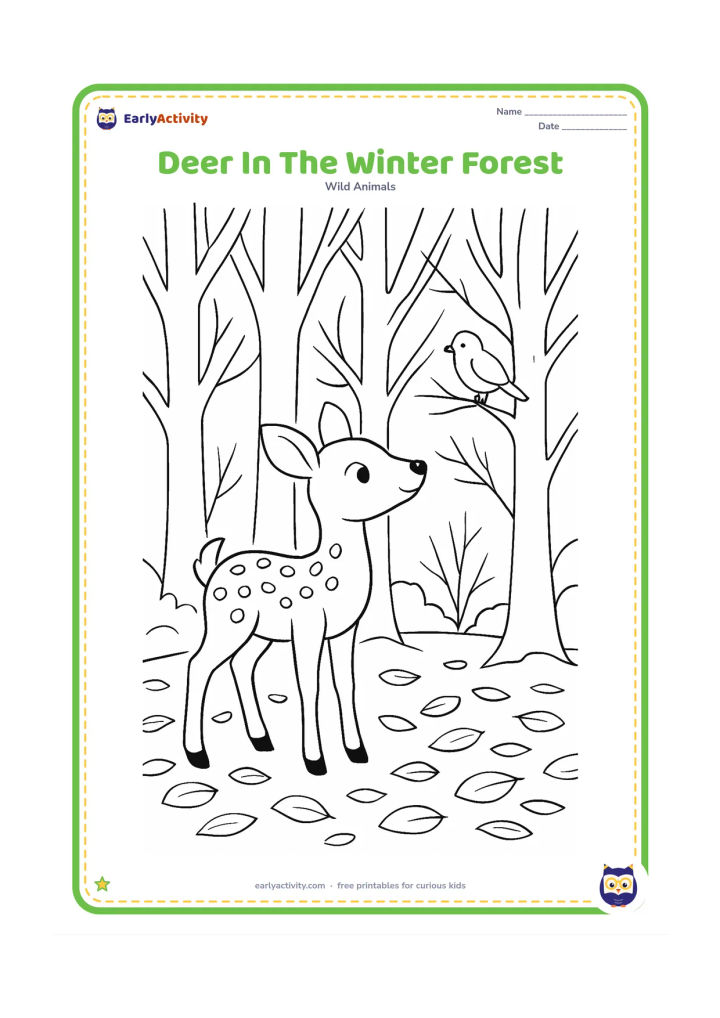 Colouring page: A spotted deer pauses among tall trees in a cool winter woodland, with fallen leaves on the ground and soft bare branches overhead. Show the deer looking toward a small bird.