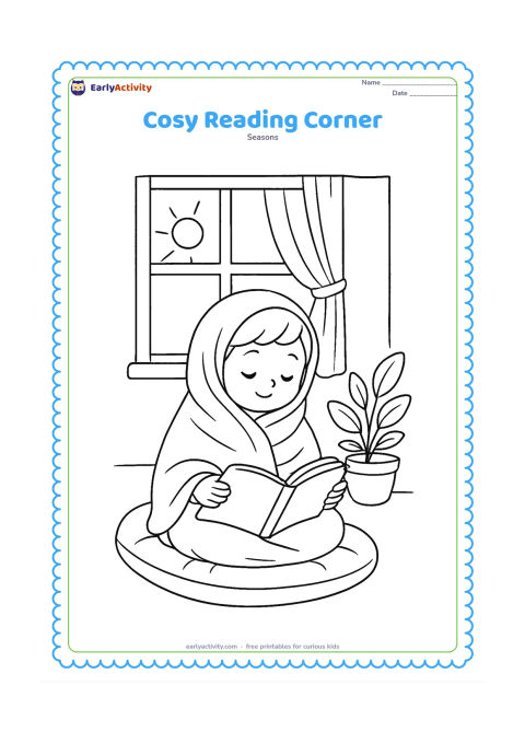 Colouring page: A child wrapped in a shawl reads a picture book in a cosy room beside a window. Include a floor cushion, a small plant and sunlight entering through the window, but keep the book pages…