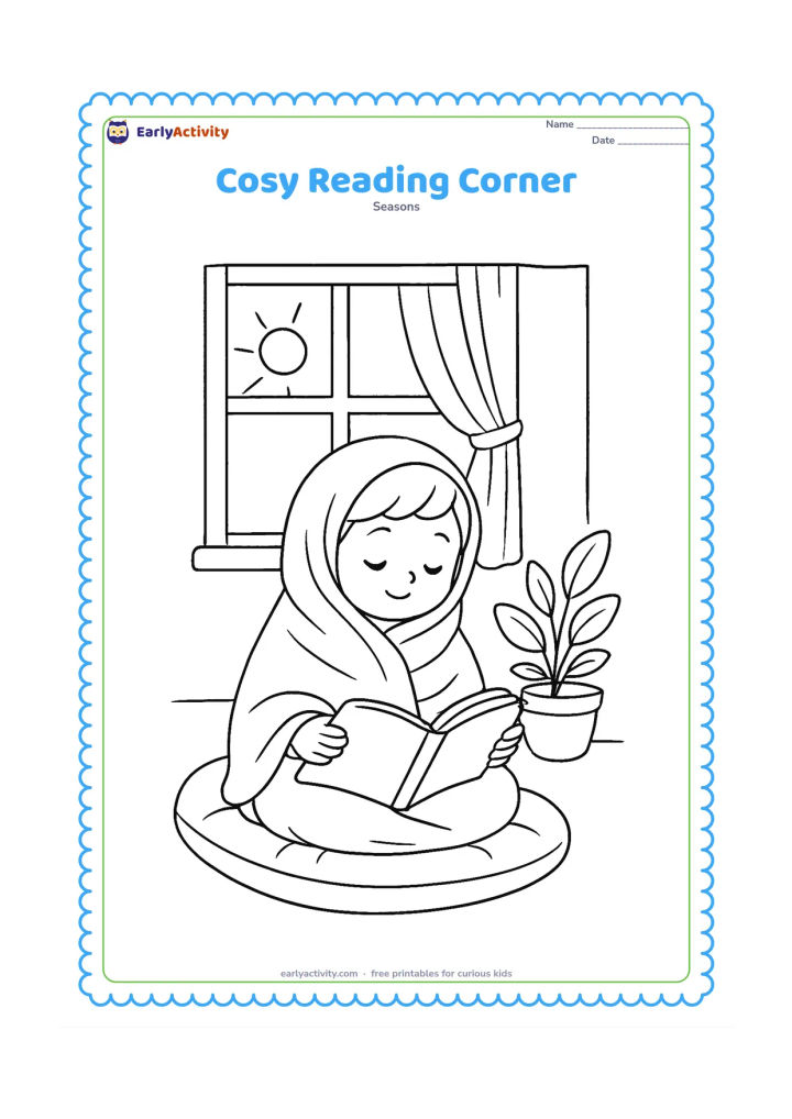 Colouring page: A child wrapped in a shawl reads a picture book in a cosy room beside a window. Include a floor cushion, a small plant and sunlight entering through the window, but keep the book pages…