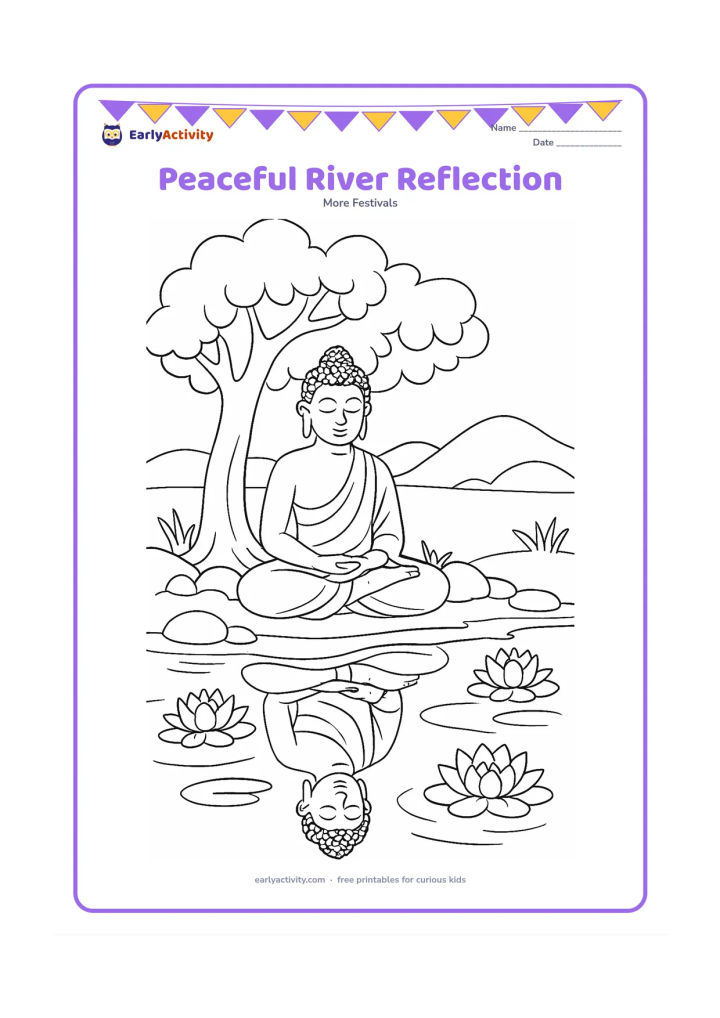 Colouring page: A seated Buddha rests beneath a riverside tree while lotus flowers float in the water and the calm figure reflects below. Add rounded stones, grasses and distant hills.