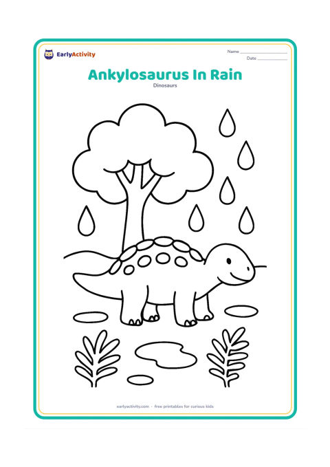 Colouring page: An Ankylosaurus stands calmly beneath a large leafy prehistoric tree while a few large raindrops fall around it. Include puddles, two ferns and a plain horizon.