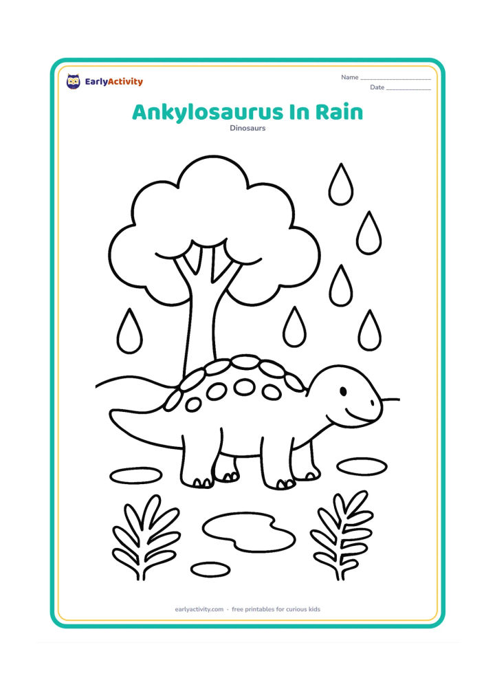 Colouring page: An Ankylosaurus stands calmly beneath a large leafy prehistoric tree while a few large raindrops fall around it. Include puddles, two ferns and a plain horizon.