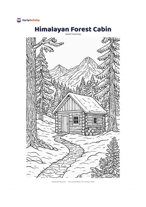 Colouring page: A small unmarked cabin beside a mountain forest clearing, with stacked firewood, a footpath, snow-dusted pines, rocky slopes and distant peaks under a clear sky. Place the cabin slightly…