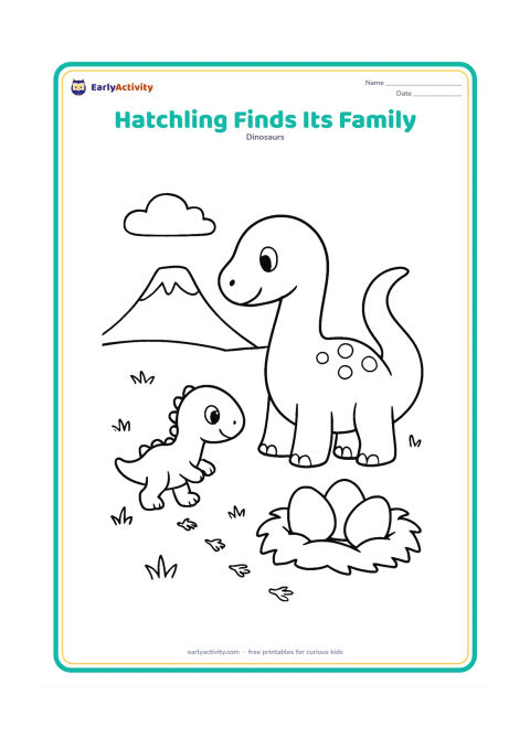 Colouring page: A small hatchling walks from a broken shell toward a gentle parent dinosaur standing beside a nest of two unhatched eggs. Add a trail of footprints, low grass, and a distant volcano with…