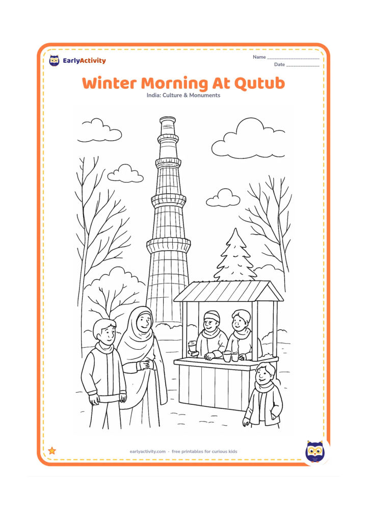 Colouring page: Draw Qutub Minar in a cool winter courtyard with soft clouds, bare-branched and evergreen trees, visitors wearing shawls or jackets, and a small warm drink stall without any sign or writing.