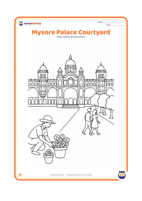 Colouring page: Show Mysore Palace across a wide courtyard, including its central dome, side domes, arched windows and entrance steps. A flower arranger places pots near the path while visitors walk…