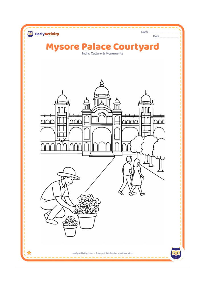 Colouring page: Show Mysore Palace across a wide courtyard, including its central dome, side domes, arched windows and entrance steps. A flower arranger places pots near the path while visitors walk…