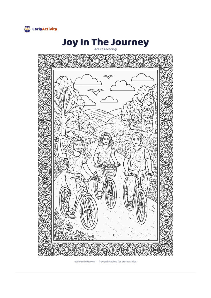 Colouring page: Three friends ride bicycles along a country lane bordered by trees and wildflowers, with one friend waving while another carries a small basket. Include rolling hills, birds, clouds and…