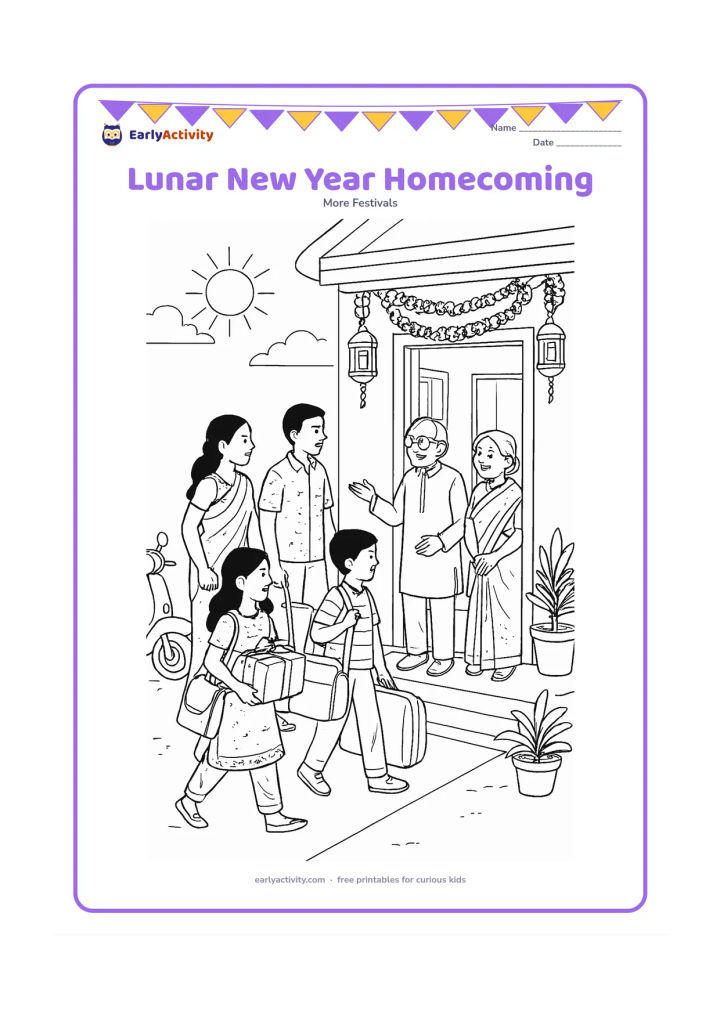 Colouring page: Draw an extended Indian family arriving at a decorated home at sunset with travel bags, gifts, lanterns and flower garlands. Include grandparents welcoming children at the doorway, a…
