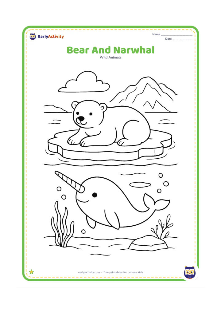Colouring page: A polar bear rests on an ice shelf above clear water while a friendly narwhal swims below, with underwater bubbles, sea plants, a second small floe and distant snowy cliffs.
